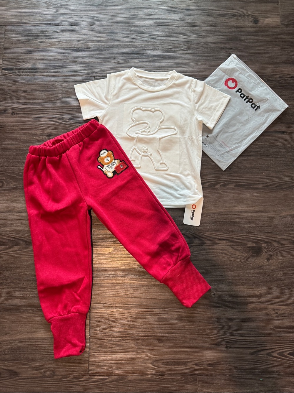 PatPat Bright Red Kids Joggers with Bear Patch